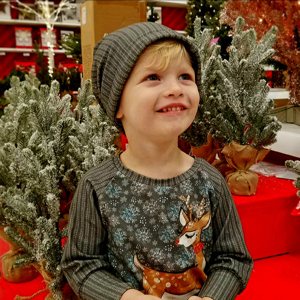 Grey Print Ribbed Knit Grow With Me Slouchie Beanie